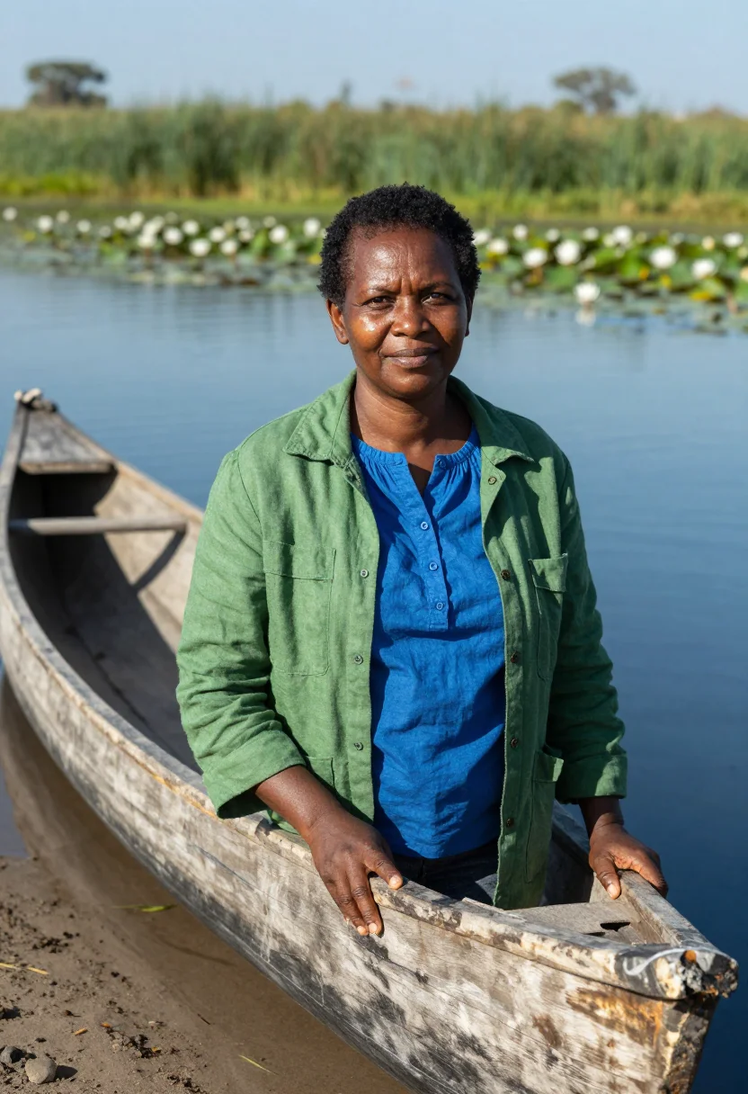 AI okavango ecologist delta reed green blue sample — portrait of a woman, a Tswana ecologist in her late forties