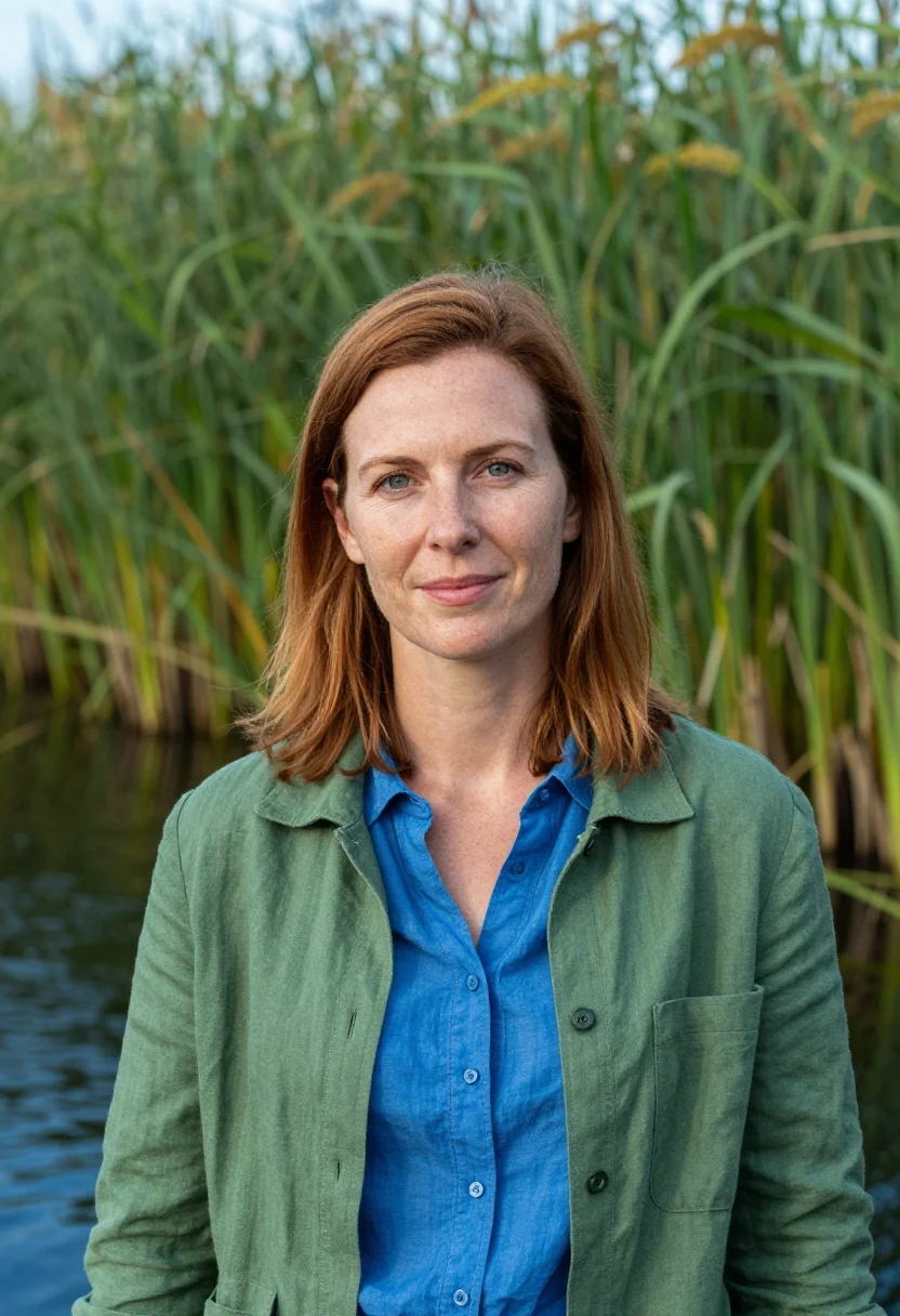 AI okavango ecologist delta reed green blue sample — portrait of a woman, a Western-European ecologist in her lat