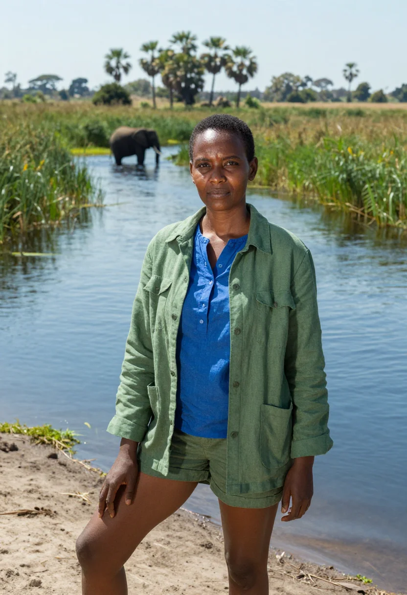 AI okavango ecologist delta reed green blue sample — portrait of a woman, a Tswana ecologist in her mid-forties w
