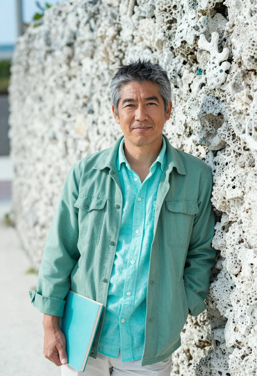 AI okinawa marine biologist coral turquoise sample — portrait of a man, a marine biologist in his fifties of Japa