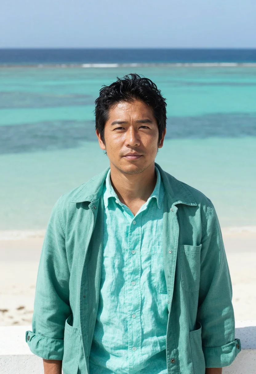 AI okinawa marine biologist coral turquoise sample — portrait of a man, a marine biologist in his thirties of Oki