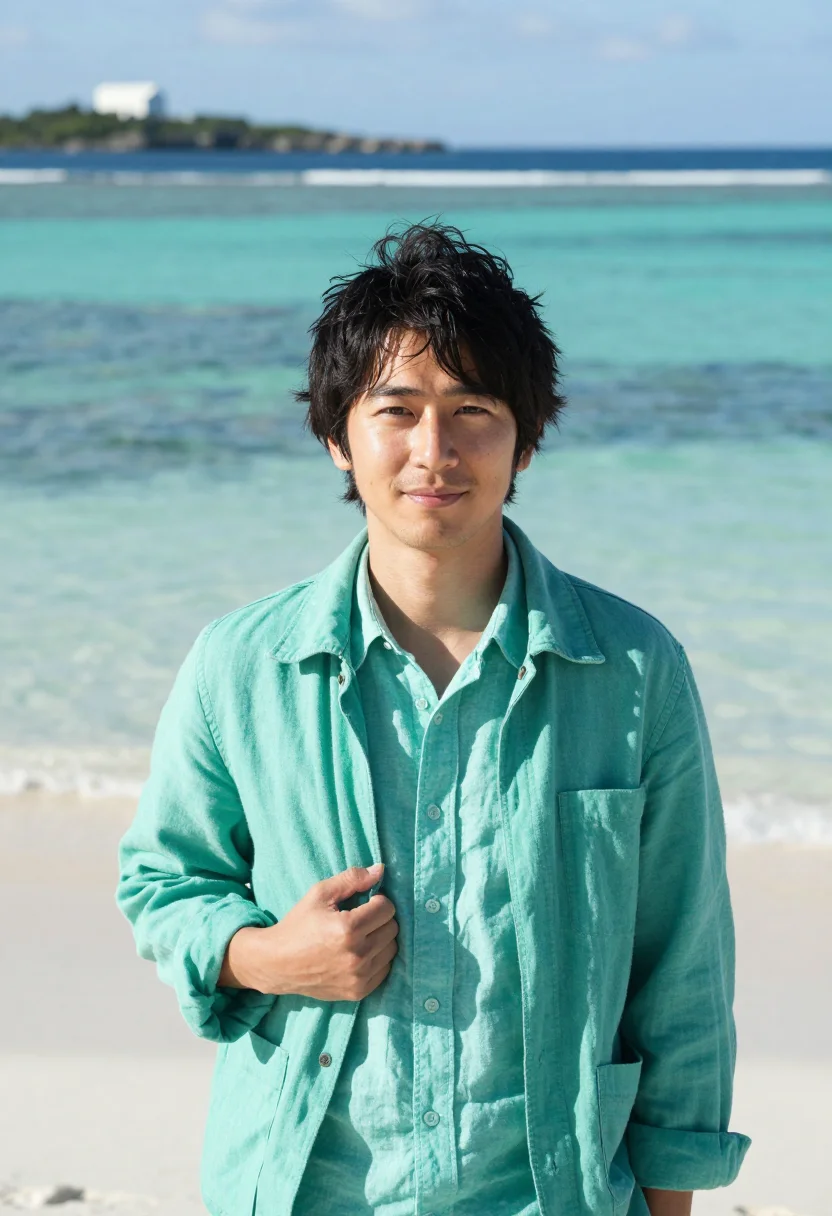 AI okinawa marine biologist coral turquoise sample — portrait of a man, a marine biologist in his twenties of Jap