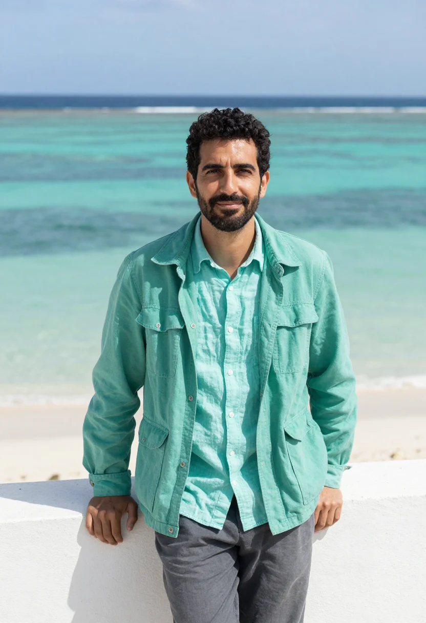AI okinawa marine biologist coral turquoise sample — portrait of a man, a marine biologist in his forties of Span
