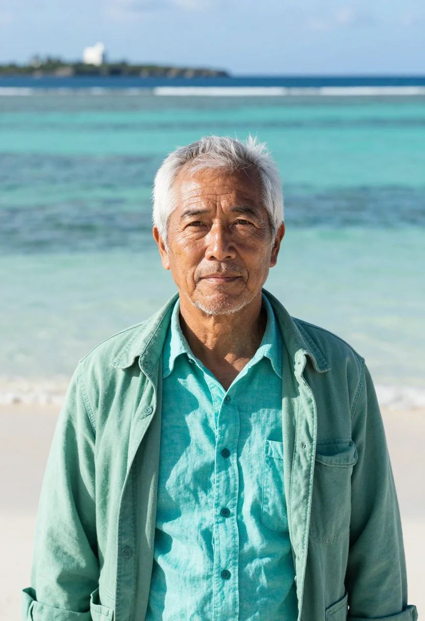 AI okinawa marine biologist coral turquoise sample — portrait of a man, a marine biologist in his sixties of Okin