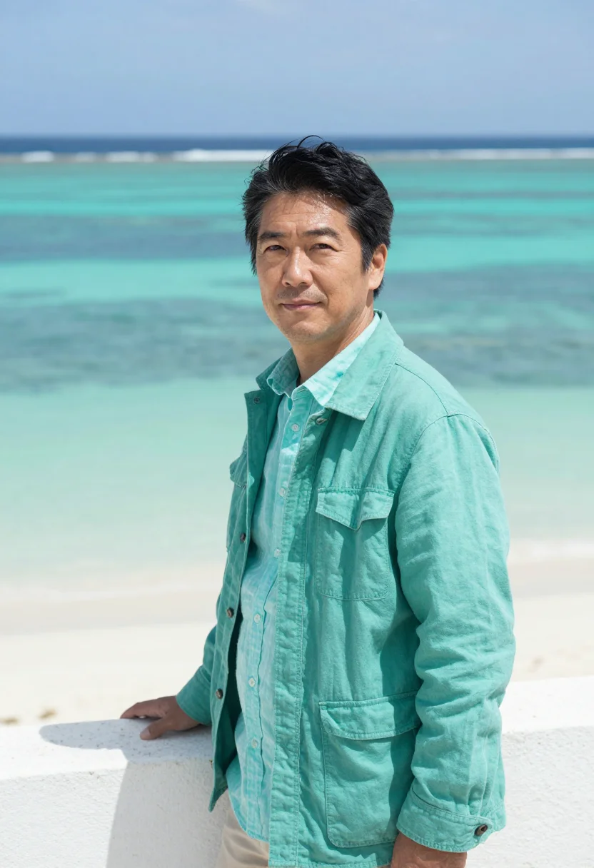 AI okinawa marine biologist coral turquoise sample — portrait of a man, a marine biologist in his forties of Japa