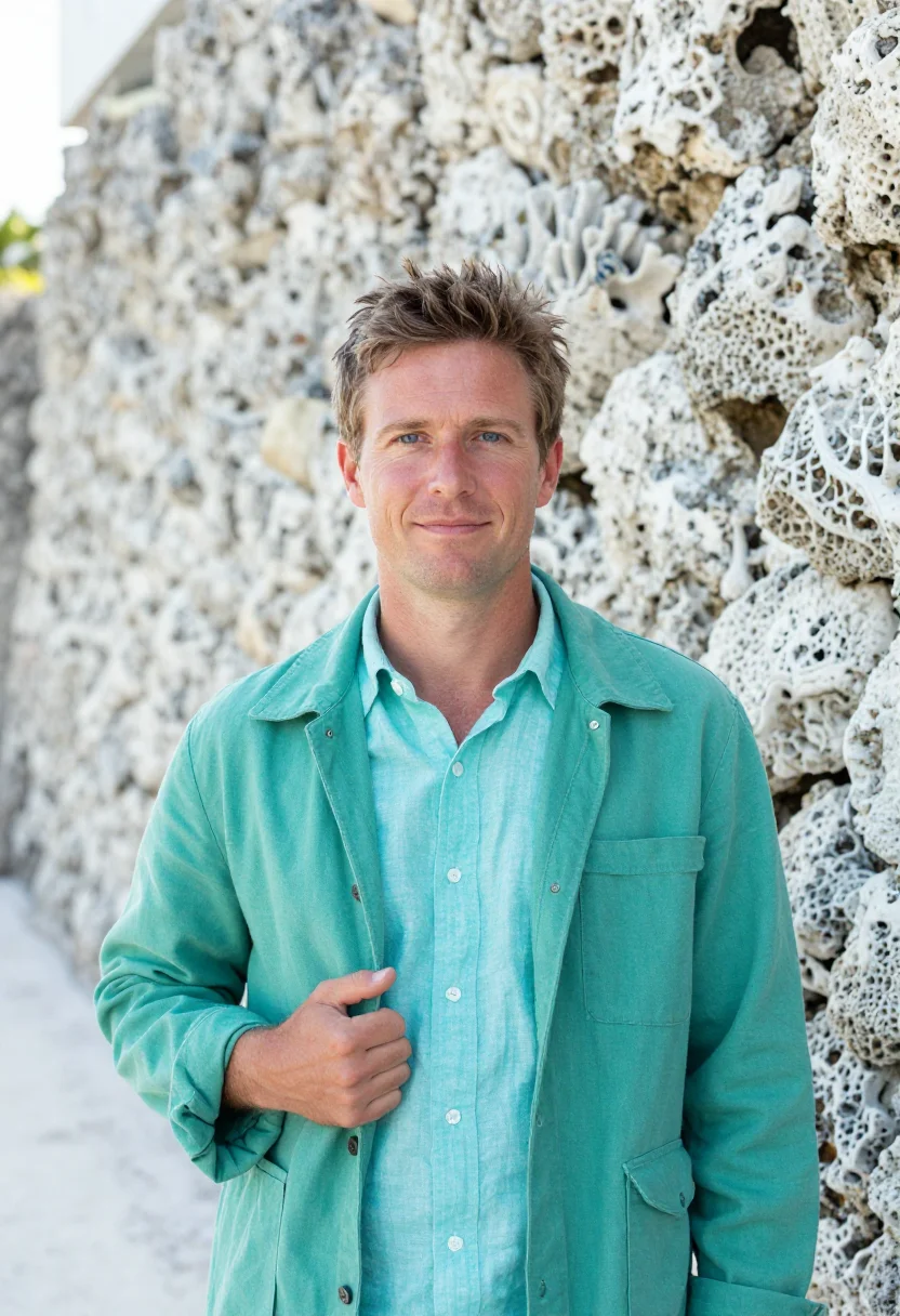 AI okinawa marine biologist coral turquoise sample — portrait of a man, a marine biologist in his thirties of Eng