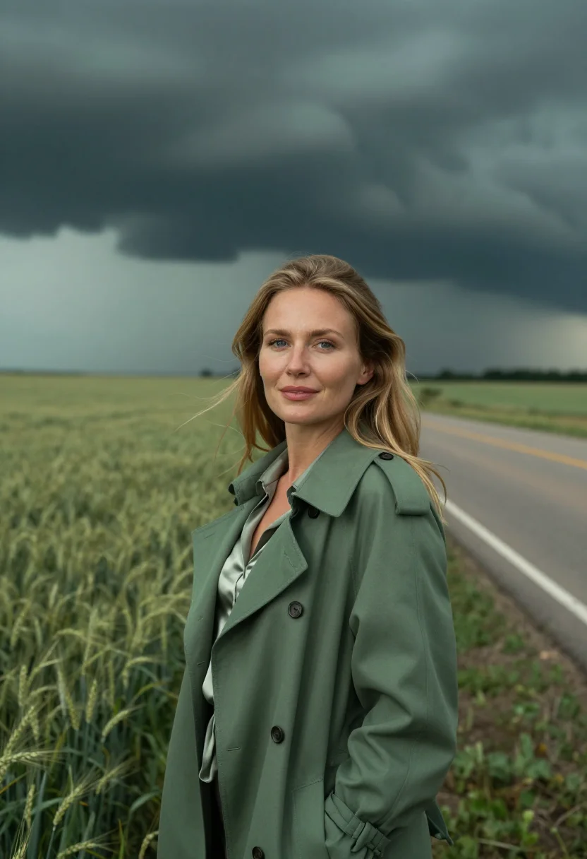 AI oklahoma meteorologist supercell green sample — portrait of a woman, chest-up portrait of a Western-European