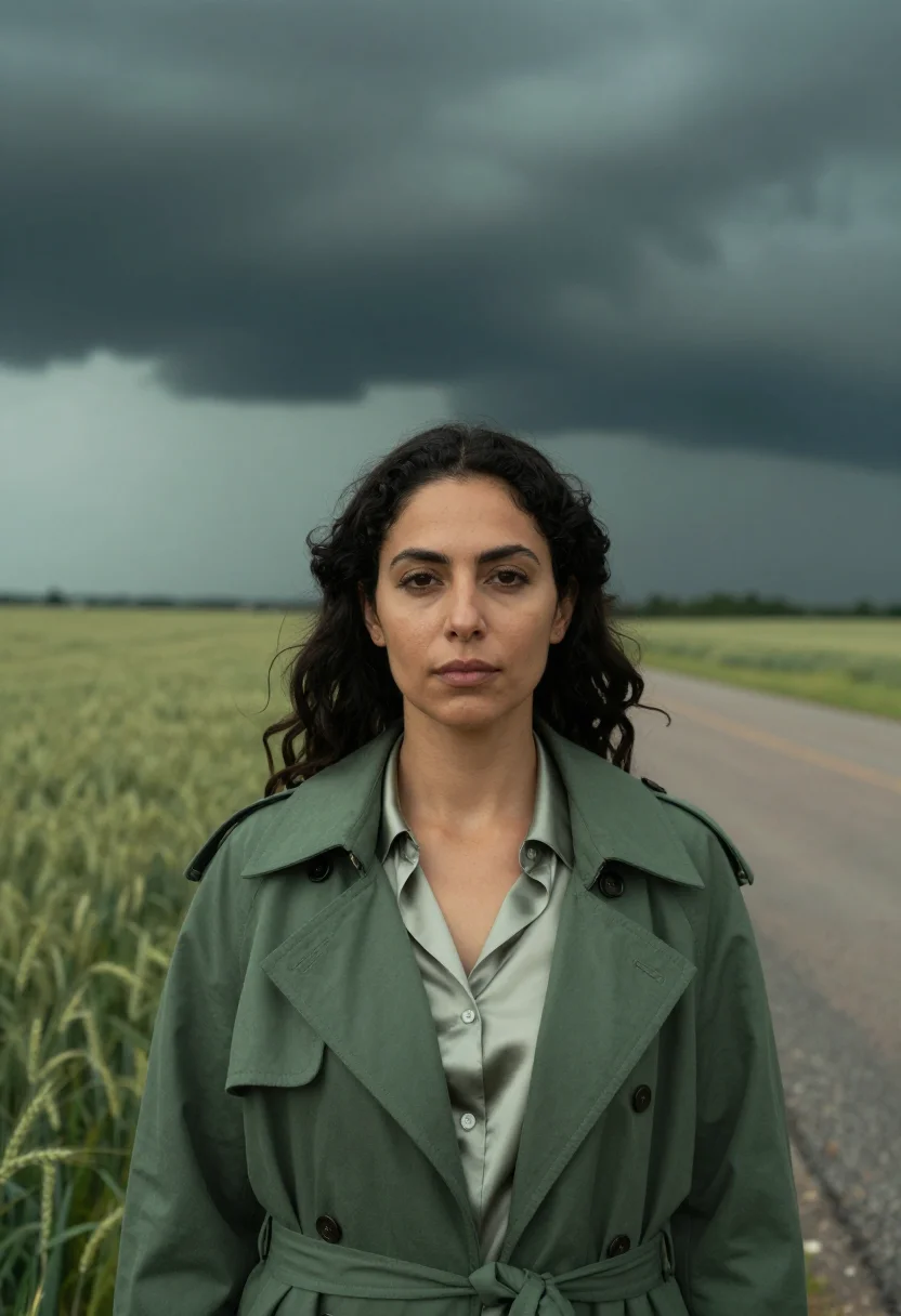 AI oklahoma meteorologist supercell green sample — portrait of a woman, head-and-shoulders portrait of a Medite