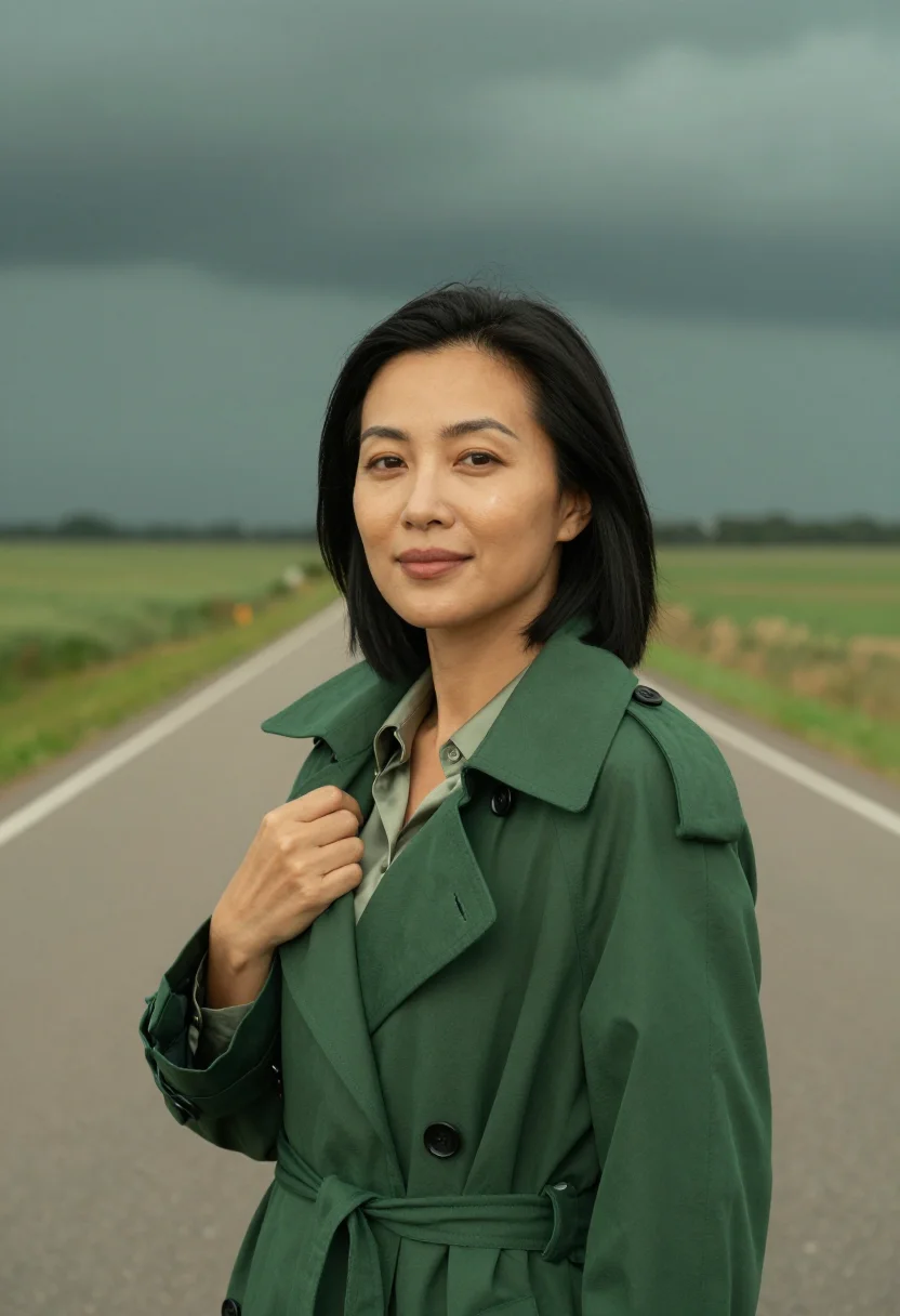 AI oklahoma meteorologist supercell green sample — portrait of a woman, chest-up portrait of an East-Asian woma