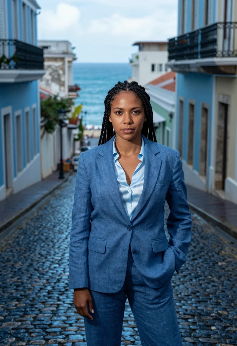 AI old san juan lawyer adoquin blue sample — portrait of a woman, half-length portrait of a Puerto Rican