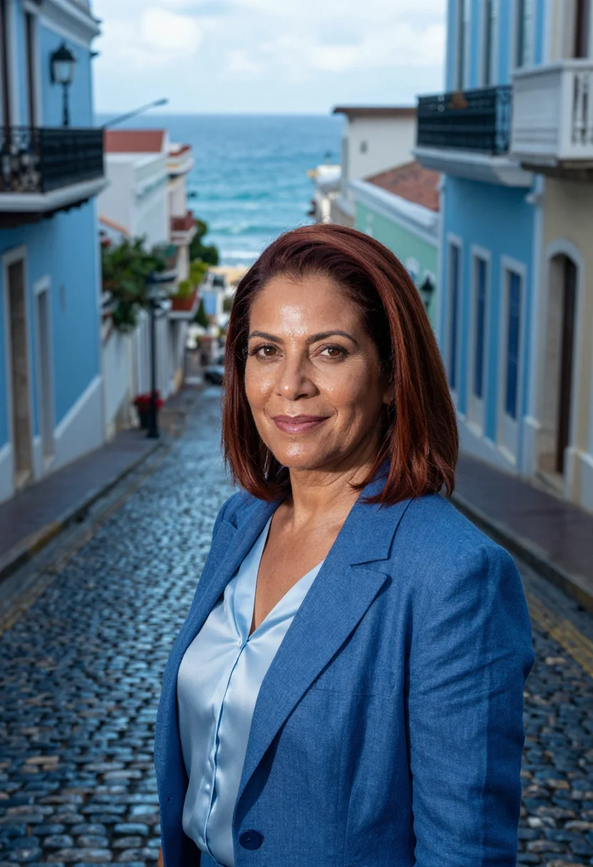AI old san juan lawyer adoquin blue sample — portrait of a woman, chest-up portrait of a Puerto Rican wom
