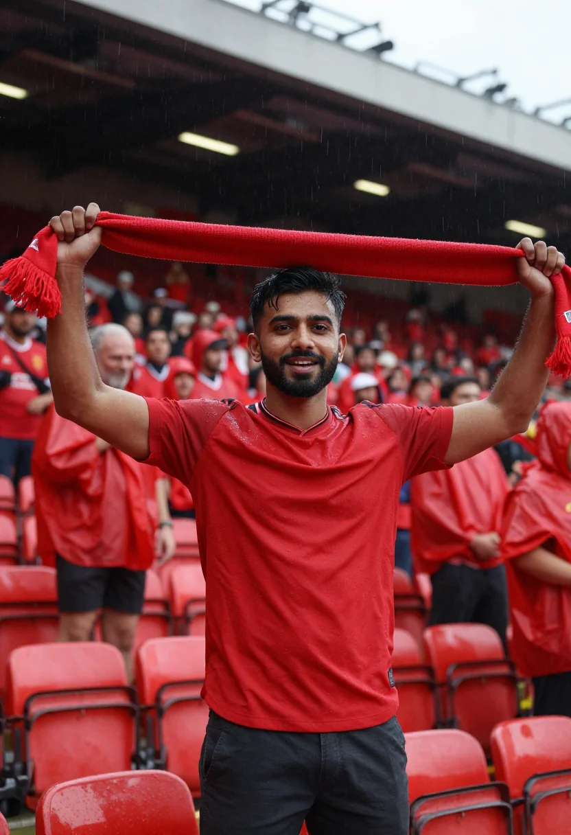 AI old trafford manchester red sample — portrait of a man, a British-Pakistani man in his mid-twenti