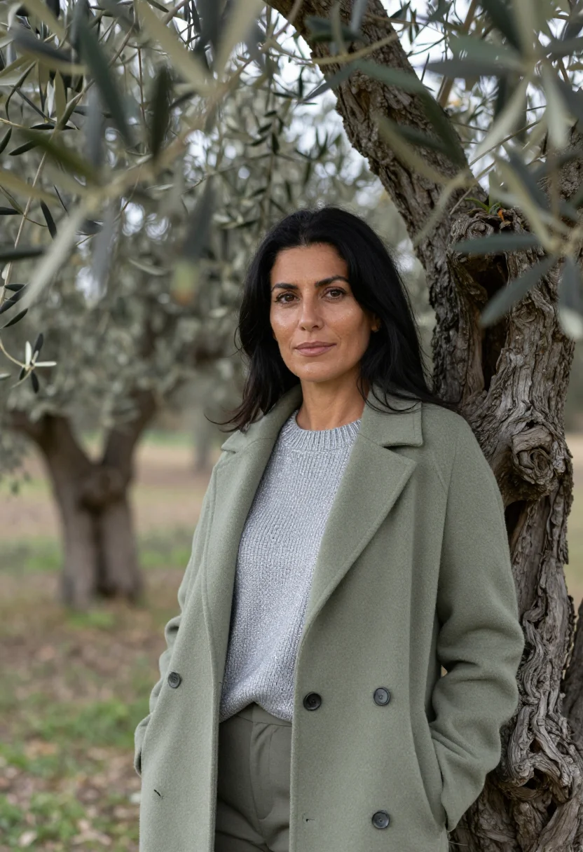 AI olive harvest puglia silver green sample — portrait of a woman, framed chest-up from the ribs, the body