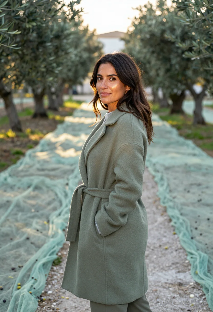 AI olive harvest puglia silver green sample — portrait of a woman, framed chest-up from the ribs, the body