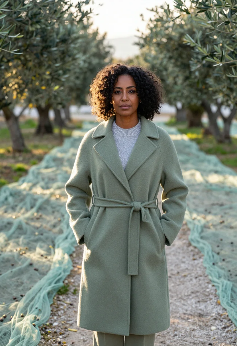 AI olive harvest puglia silver green sample — portrait of a woman, framed half-length from the hips up, th
