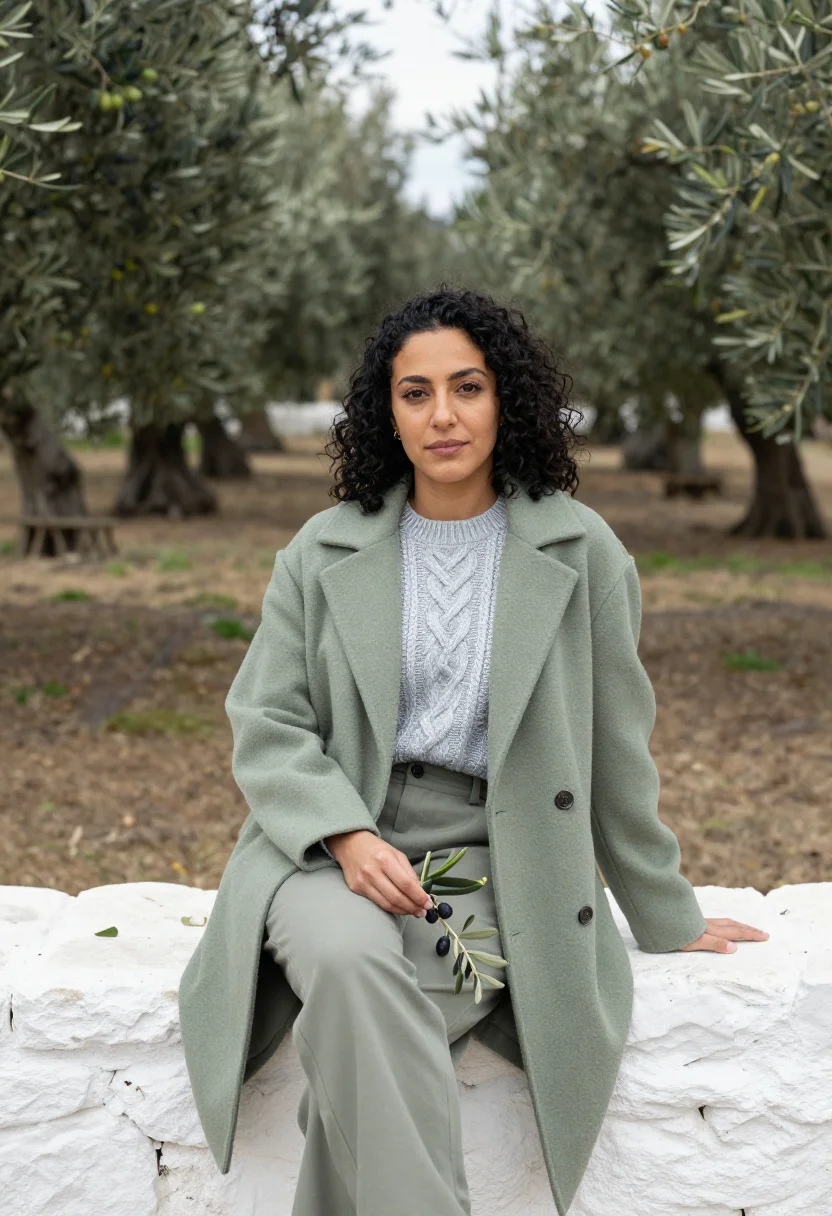 AI olive harvest puglia silver green sample — portrait of a woman, framed half-length from the lap up, the