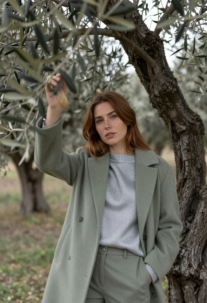AI olive harvest puglia silver green sample — portrait of a woman, framed half-length from the hips up, th