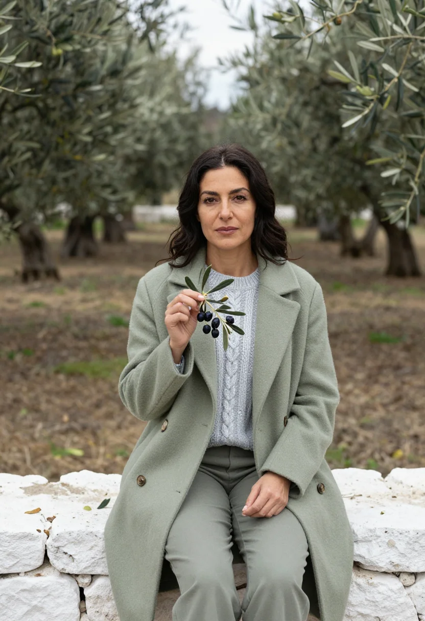 AI olive harvest puglia silver green sample — portrait of a woman, framed chest-up from the ribs, the body