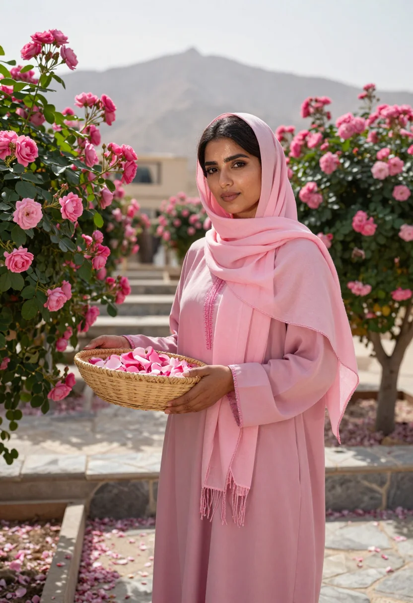 AI oman jabal akhdar rose harvest april pink sample — portrait of a woman, in her late twenties, of Omani descent,