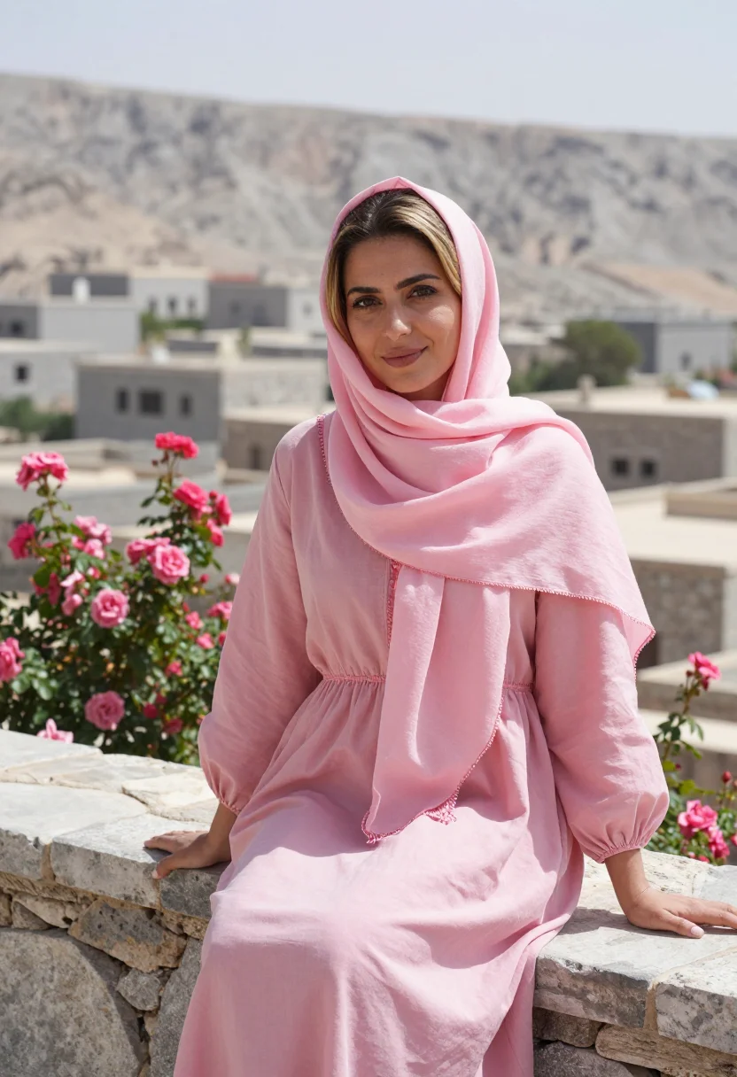 AI oman jabal akhdar rose harvest april pink sample — portrait of a woman, in her mid-thirties, of French descent,