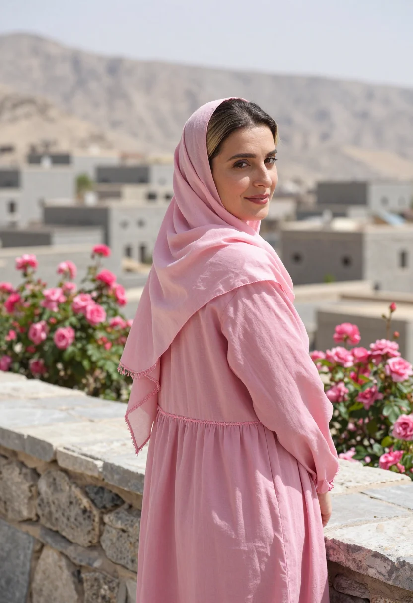 AI oman jabal akhdar rose harvest april pink sample — portrait of a woman, in her mid-thirties, of French descent,
