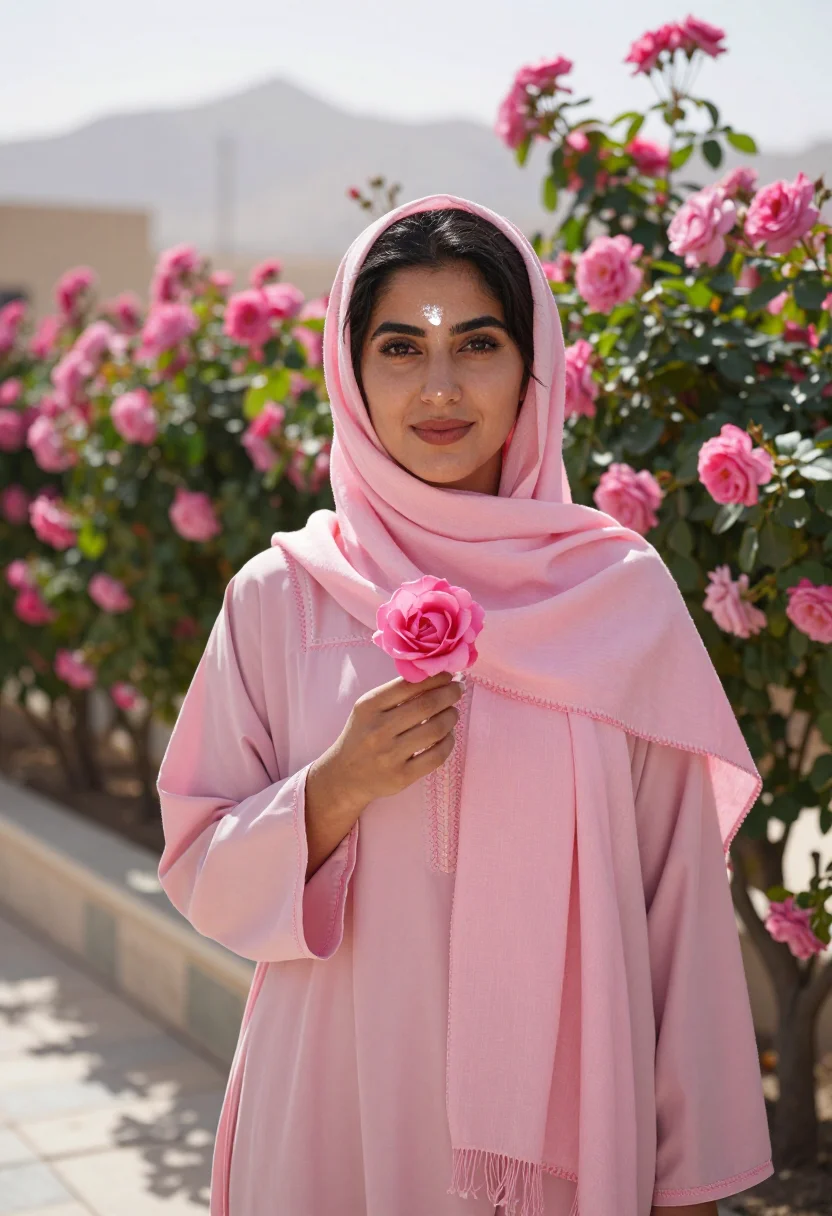 AI oman jabal akhdar rose harvest april pink sample — portrait of a woman, in her late twenties, of Omani descent,