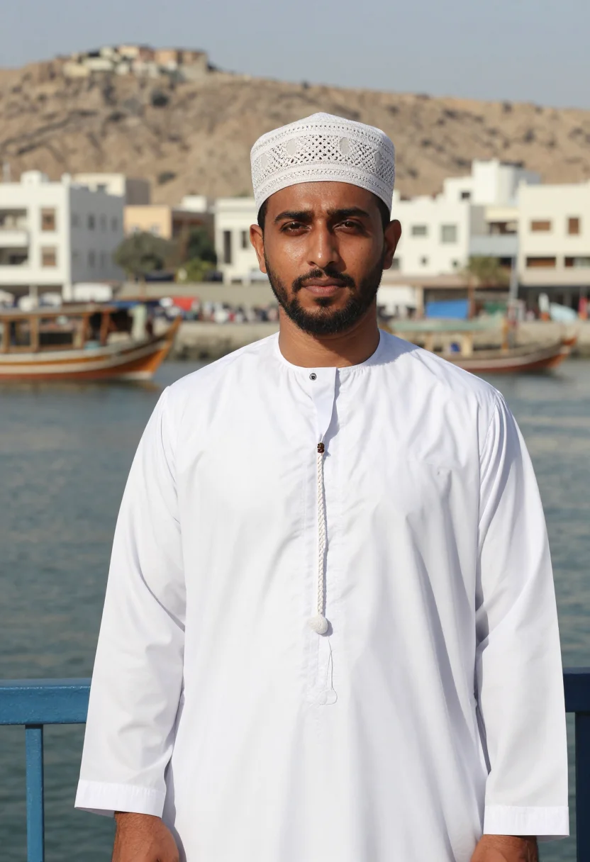 AI omani dishdasha kumma sample — portrait of a man, chest-up portrait of an Omani man in his