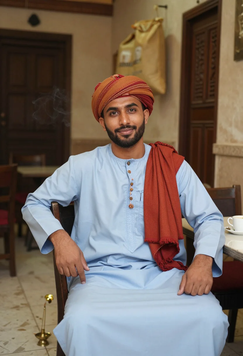 AI omani dishdasha kumma sample — portrait of a man, three-quarter-length portrait of an Omani