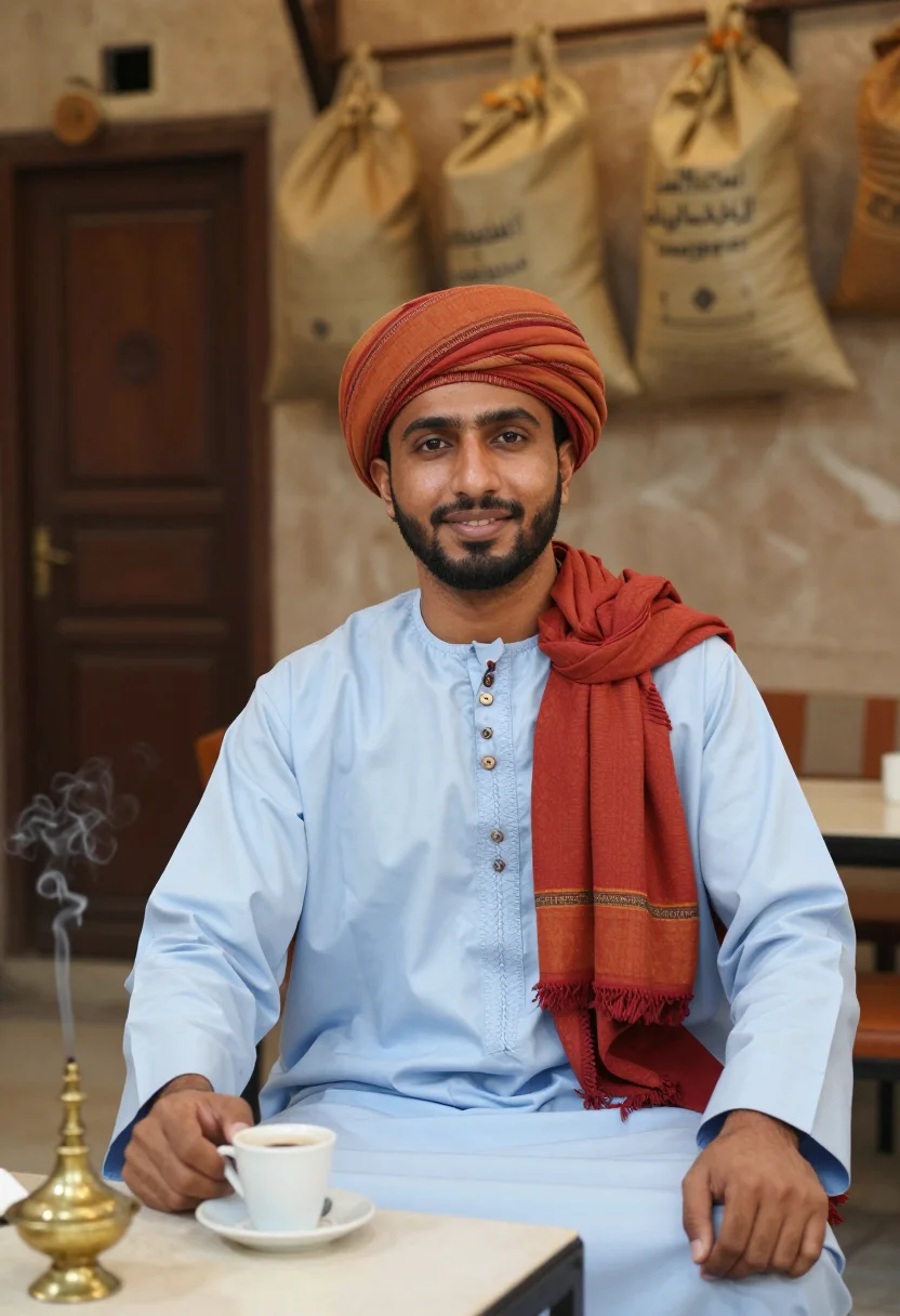 AI omani dishdasha kumma sample — portrait of a man, half-length portrait of an Omani man in h