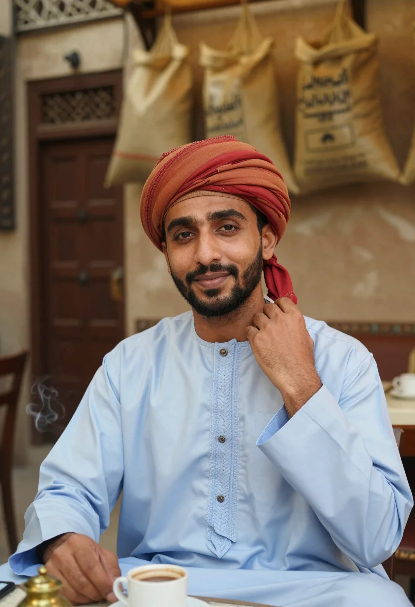 AI omani dishdasha kumma sample — portrait of a man, chest-up portrait of an Omani man in his