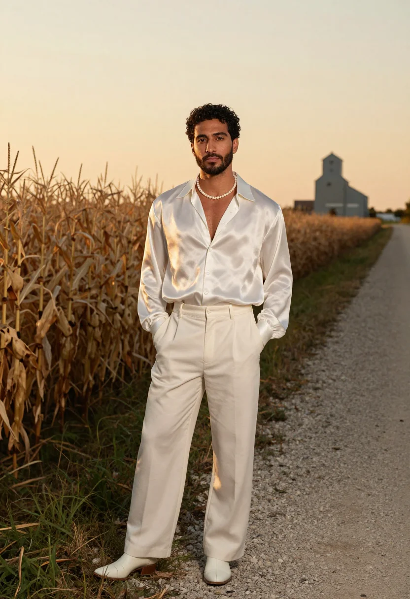 AI omar apollo indiana ivory silk sample — portrait of a man, an American man of Lebanese descent in hi