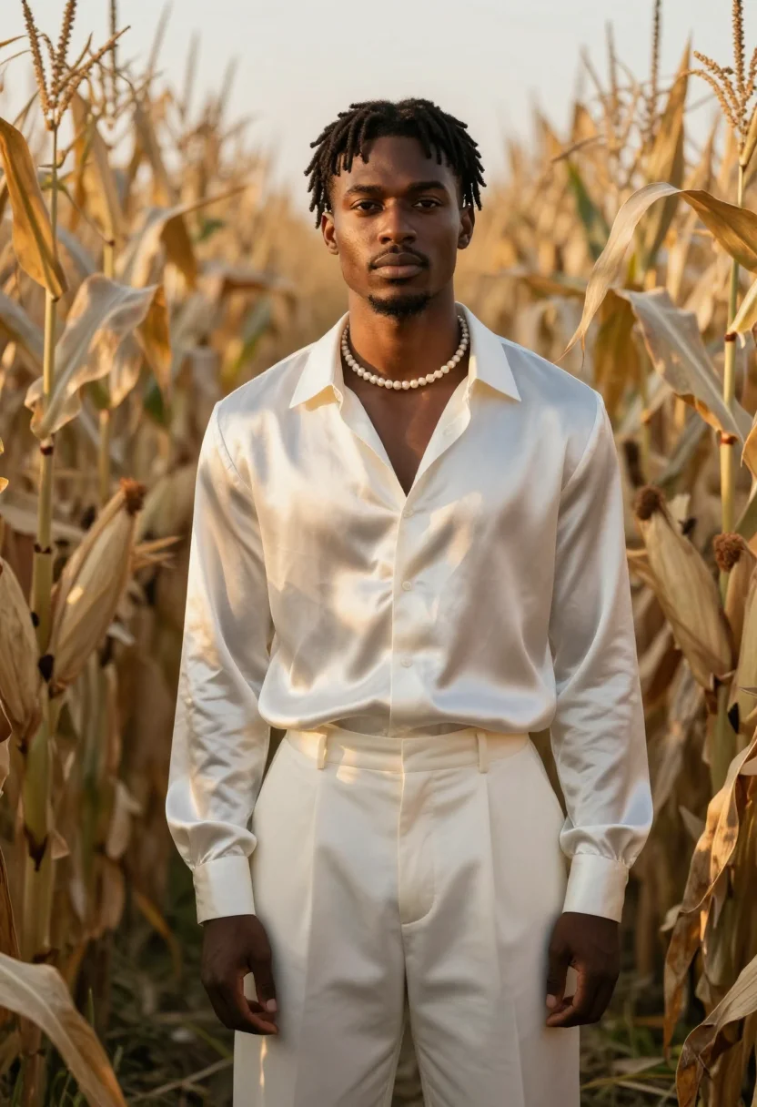 AI omar apollo indiana ivory silk sample — portrait of a man, a Black American man in his late twenties