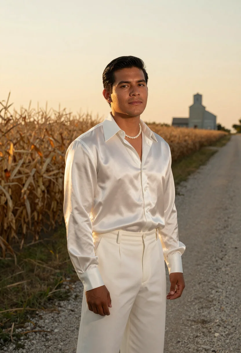 AI omar apollo indiana ivory silk sample — portrait of a man, a Mexican-American man in his early twent