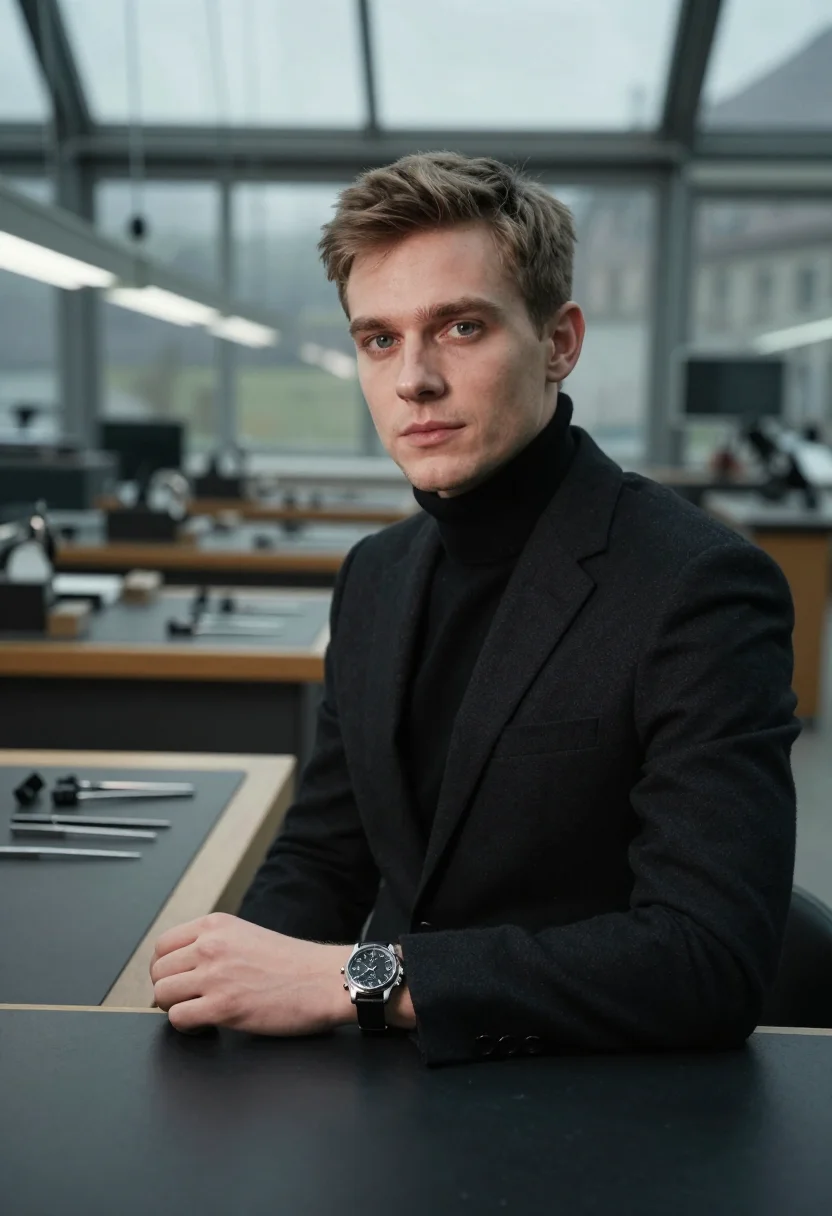 AI omega biel speedmaster moonwatch black steel men sample — portrait of a man, a Dutch man in his early thirties with fa