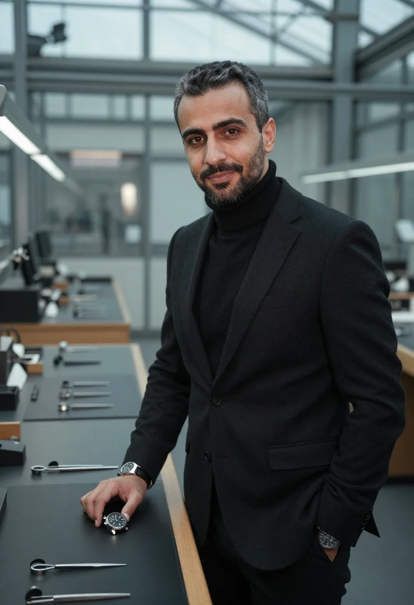 AI omega biel speedmaster moonwatch black steel men sample — portrait of a man, a Lebanese man in his mid-forties with ol