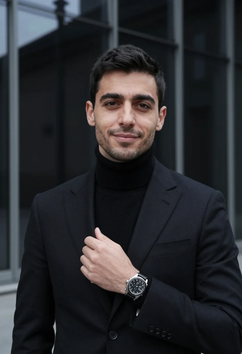 AI omega biel speedmaster moonwatch black steel men sample — portrait of a man, an Italian man in his late thirties with