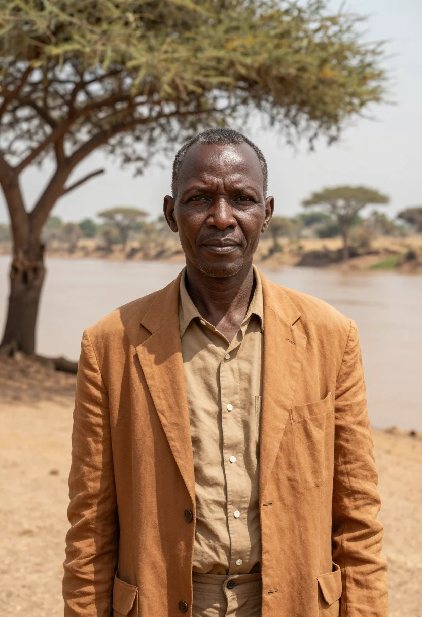 AI omo valley anthropologist river ochre acacia sample — portrait of a man, a Kenyan anthropologist in his early fift