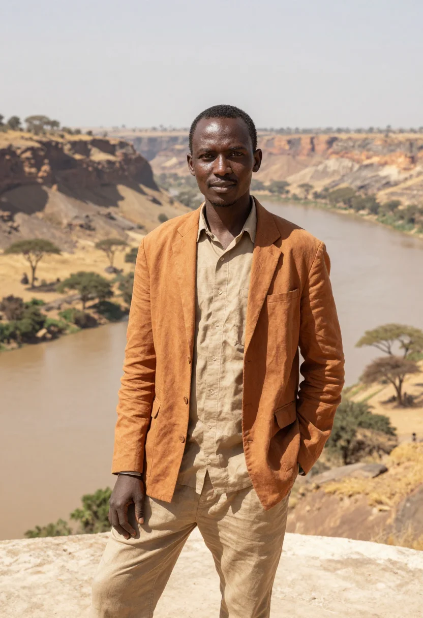 AI omo valley anthropologist river ochre acacia sample — portrait of a man, an Ethiopian anthropologist in his early