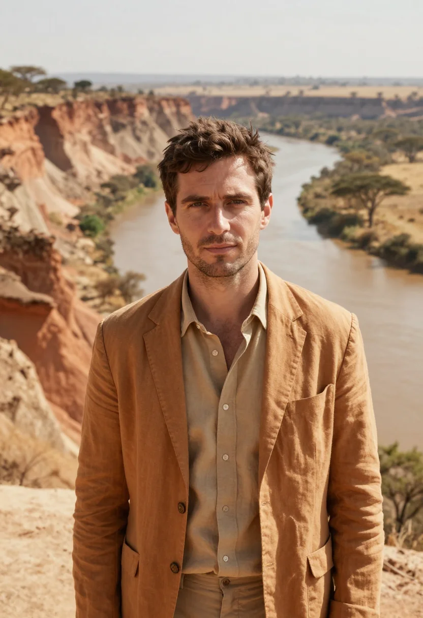 AI omo valley anthropologist river ochre acacia sample — portrait of a man, a French anthropologist in his late thirt