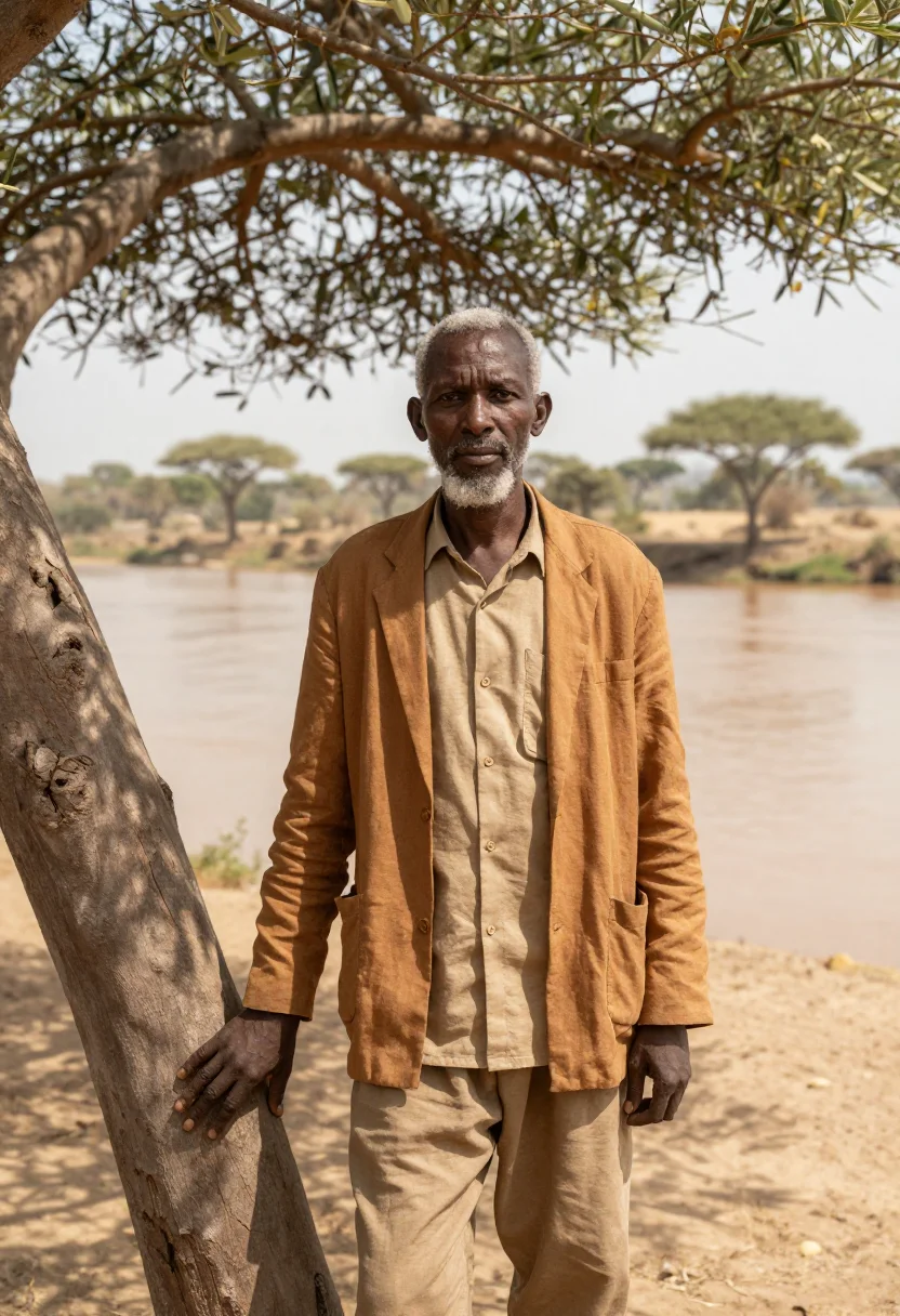 AI omo valley anthropologist river ochre acacia sample — portrait of a man, an Ethiopian anthropologist in his mid-si