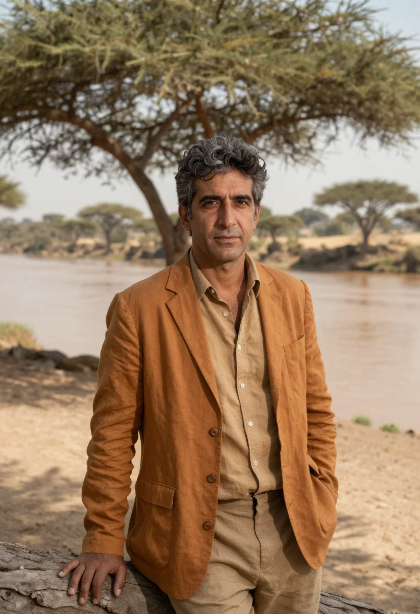 AI omo valley anthropologist river ochre acacia sample — portrait of a man, an Italian anthropologist in his late for