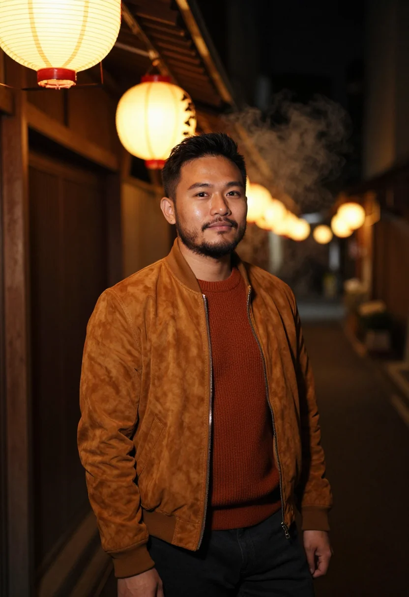AI omoide yokocho yakitori amber sample — portrait of a man, framed chest-up with the crop at the ribs