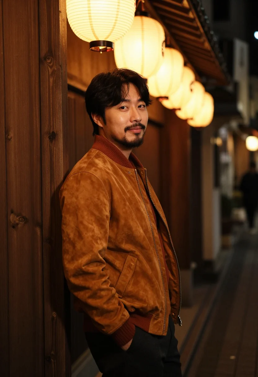 AI omoide yokocho yakitori amber sample — portrait of a man, framed half-length from the head to the h