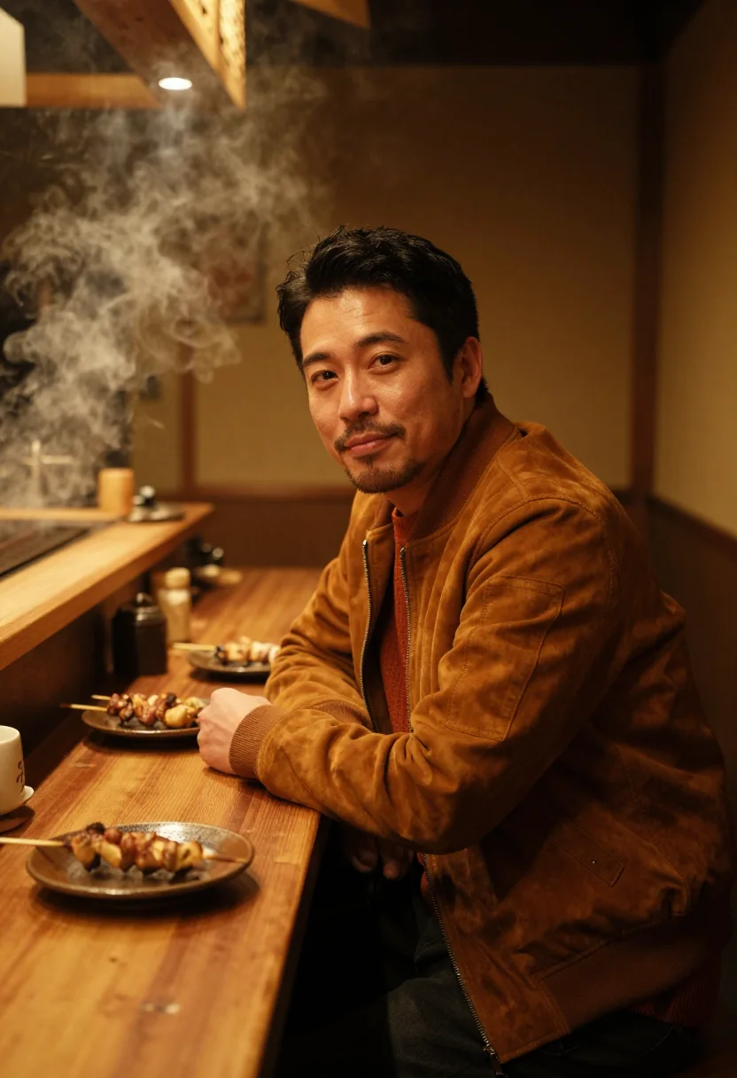 AI omoide yokocho yakitori amber sample — portrait of a man, framed chest-up with the crop at the ribs