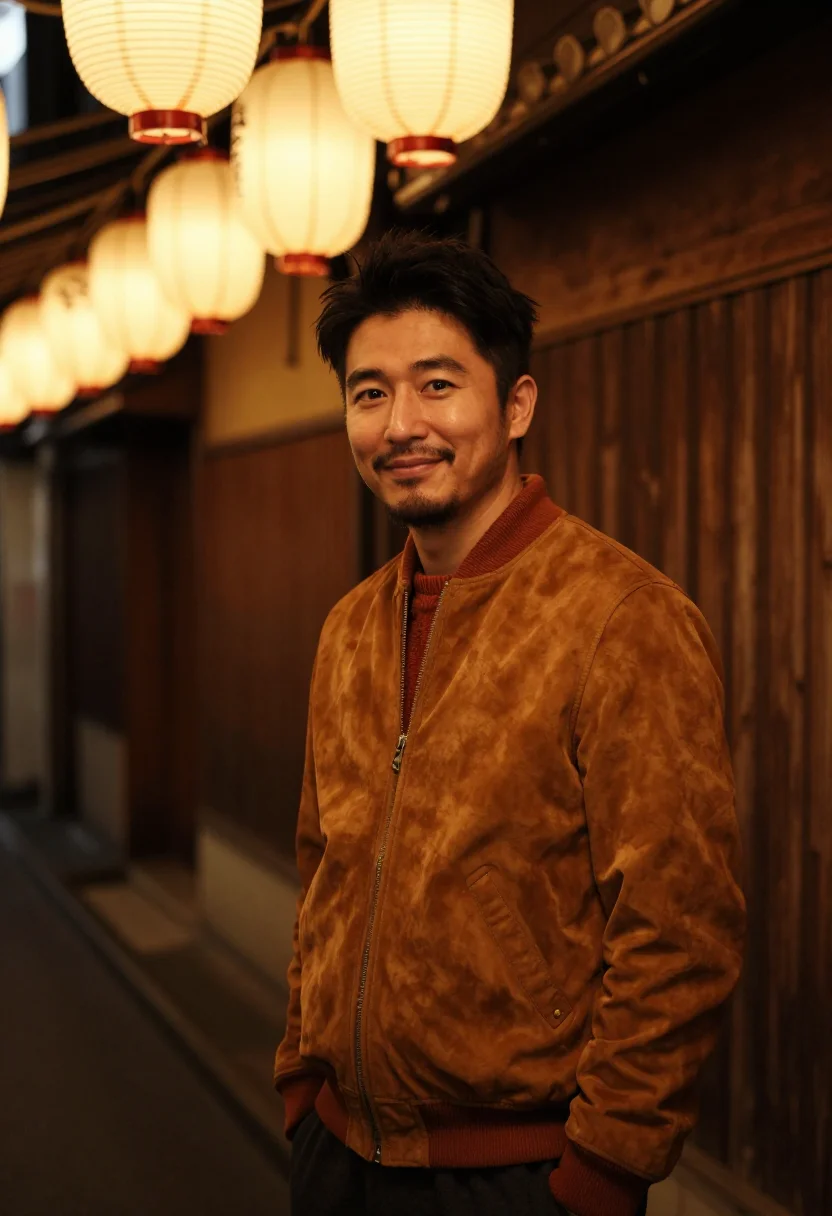 AI omoide yokocho yakitori amber sample — portrait of a man, framed chest-up with the crop at the ribs