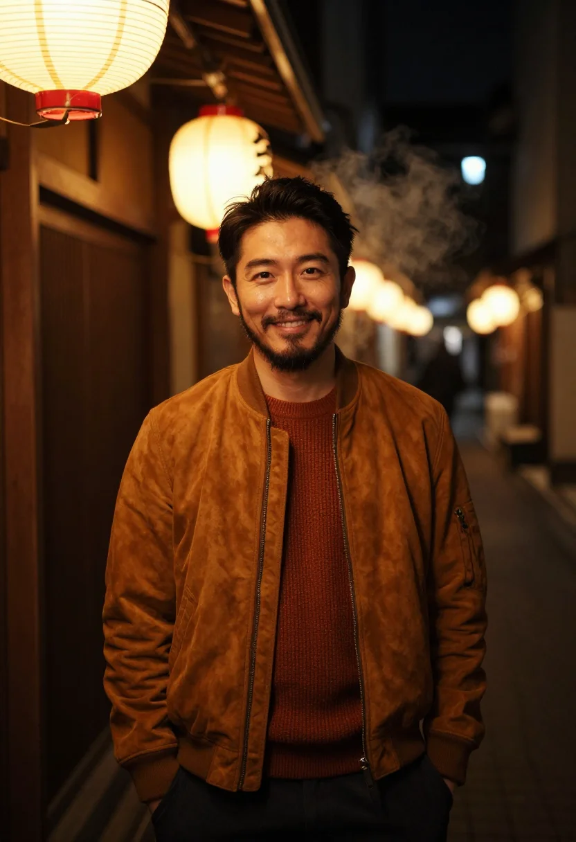 AI omoide yokocho yakitori amber sample — portrait of a man, framed tight, head and shoulders, the bod