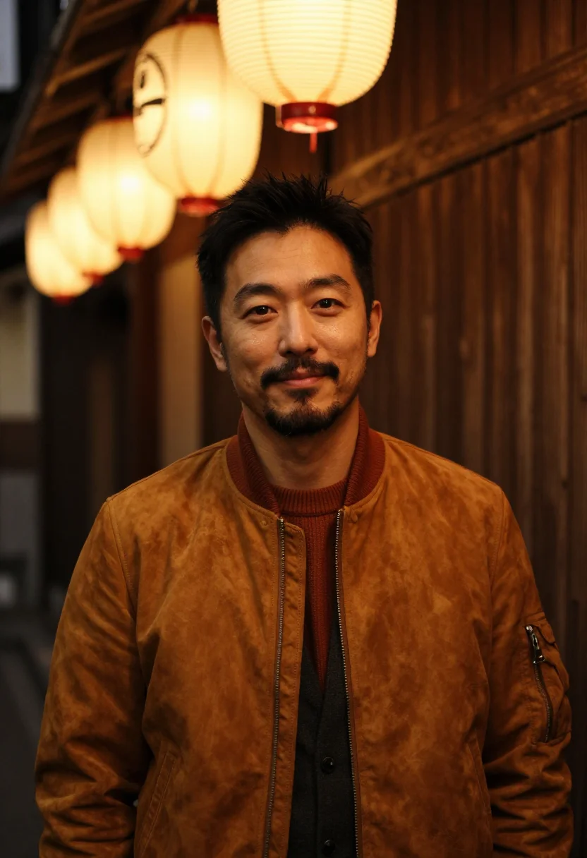 AI omoide yokocho yakitori amber sample — portrait of a man, framed tight, head and shoulders, the bod