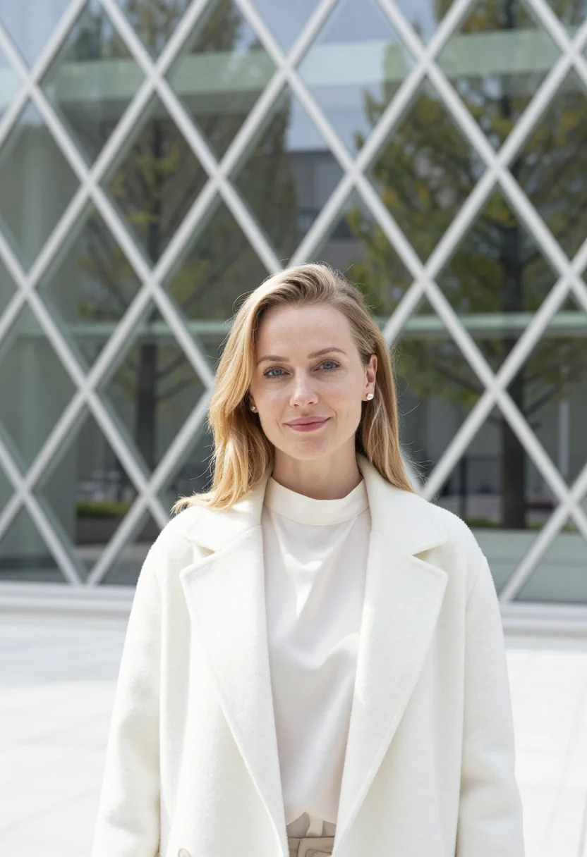 AI omotesando architect glass white sample — portrait of a woman, an architect in her early thirties of D