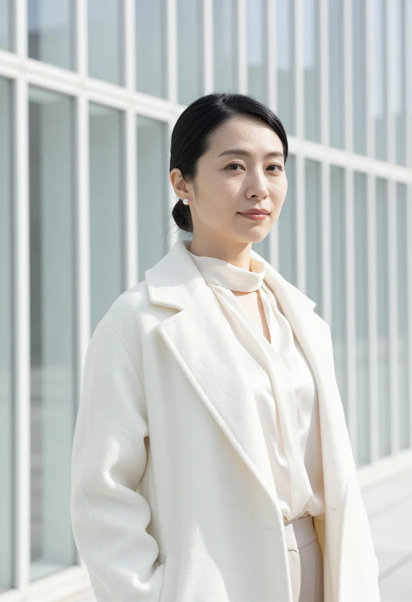 AI omotesando architect glass white sample — portrait of a woman, an architect in her early forties of Ja