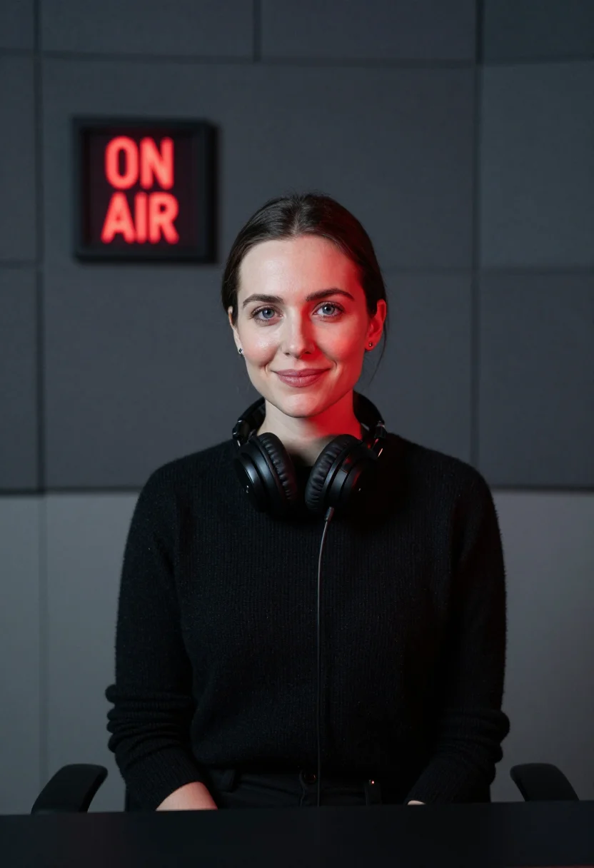AI on air radio studio red light sample — portrait of a woman, framed tight, head and shoulders, the b